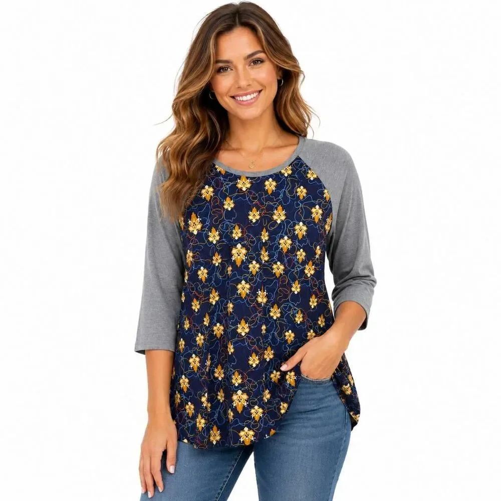 LuLaRoe Randy 2XL Floral Raglan Baseball Tee Gray Blue